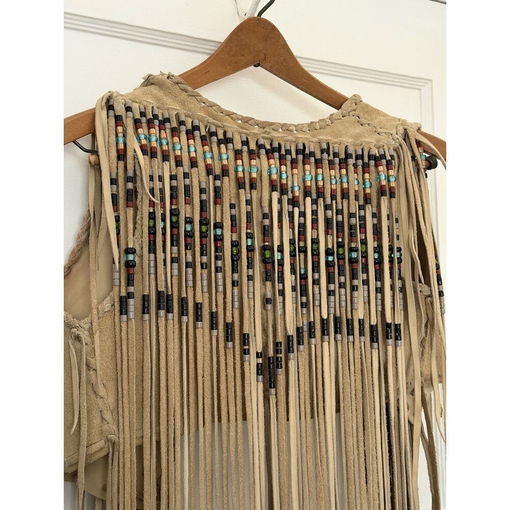 60s Beaded Native American‎ Vest Suede Leather Hippie Long Fringe VTG Festival - Picture 3 of 13